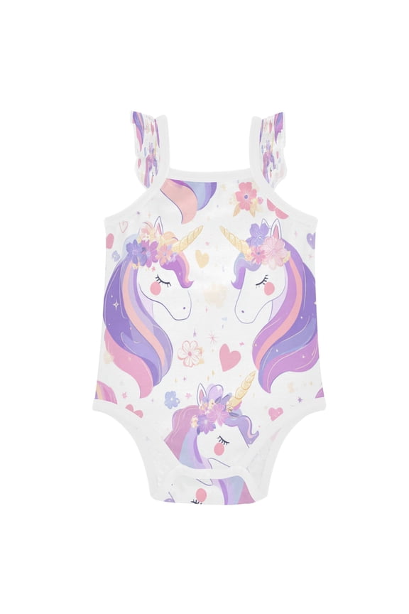 Infant Toddler Baby Girl Romper Magical Unicorn Garden Pattern Ruffle Sleeveless Cotton Summer One Piece Bodysuit 3-24M
