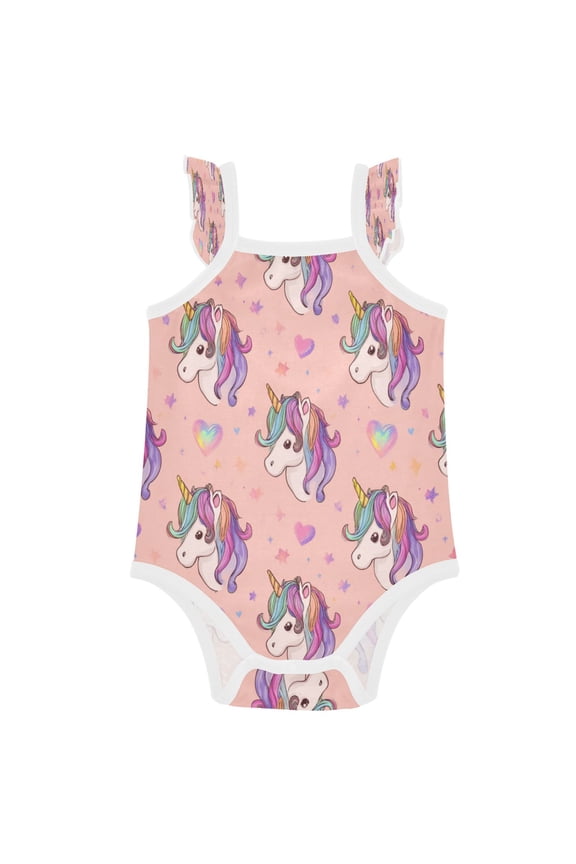 Infant Toddler Baby Girl Romper Magical Unicorn Love Pattern Ruffle Sleeveless Cotton Summer One Piece Bodysuit 3-24M