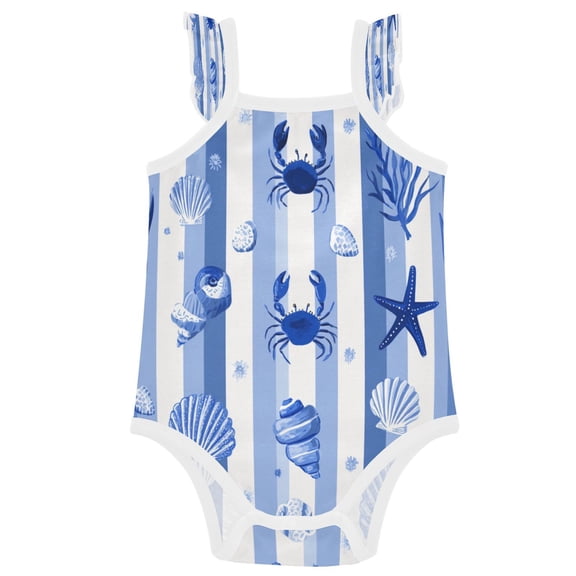 TTYFWHD Infant Toddler Baby Girl Romper Nautical Blue Crab and Starfish Ruffle Sleeveless Cotton Summer One Piece Bodysuit 3-24M