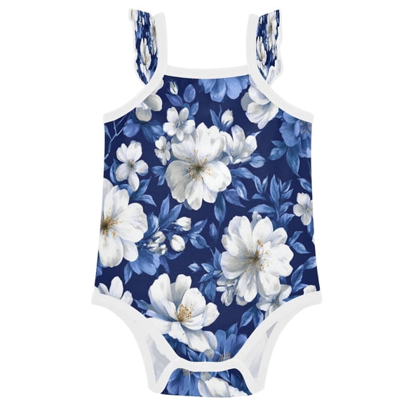 TTYFWHD Infant Toddler Baby Girl Romper Navy Floral Whites Flowers Ruffle Sleeveless Cotton Summer One Piece Bodysuit 3-24M