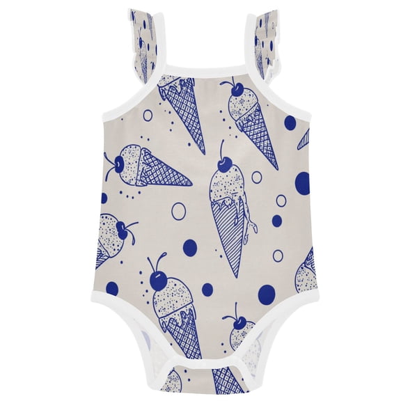 TTYFWHD Infant Toddler Baby Girl Romper Navy Ice Cream Sketch Print Ruffle Sleeveless Cotton Summer One Piece Bodysuit 3-24M