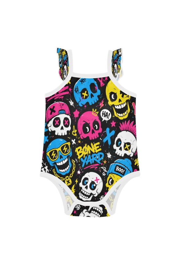 Infant Toddler Baby Girl Romper Neon Graffiti Skulls Pattern Ruffle Sleeveless Cotton Summer One Piece Bodysuit 3-24M