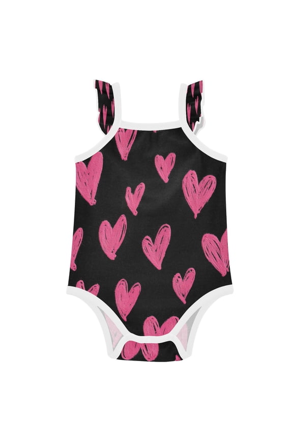 Infant Toddler Baby Girl Romper Neon Pink Heart Pattern Ruffle Sleeveless Cotton Summer One Piece Bodysuit 3-24M