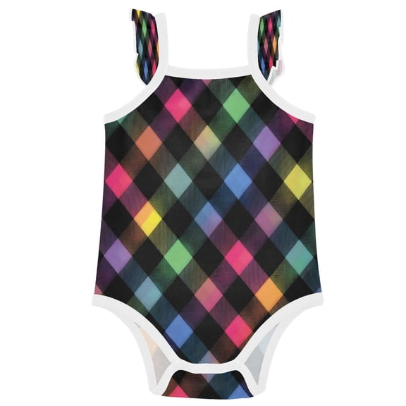 TTYFWHD Infant Toddler Baby Girl Romper Neon Rainbow Checkered Pattern Ruffle Sleeveless Cotton Summer One Piece Bodysuit 3-24M
