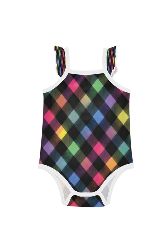 Infant Toddler Baby Girl Romper Neon Rainbow Checkered Pattern Ruffle Sleeveless Cotton Summer One Piece Bodysuit 3-24M