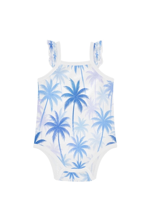 Infant Toddler Baby Girl Romper Ocean Blue Palm Trees Pattern Ruffle Sleeveless Cotton Summer One Piece Bodysuit 3-24M