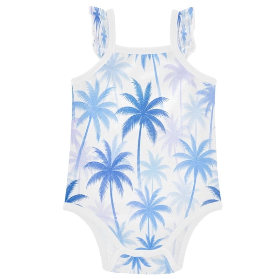 TTYFWHD Infant Toddler Baby Girl Romper Ocean Blue Palm Trees Pattern Ruffle Sleeveless Cotton Summer One Piece Bodysuit 3-24M