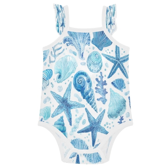 TTYFWHD Infant Toddler Baby Girl Romper Ocean-inspired Sea Creatures Pattern Ruffle Sleeveless Cotton Summer One Piece Bodysuit 3-24M