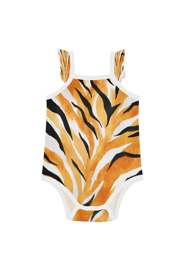 Infant Toddler Baby Girl Romper Orange Watercolor Tiger Stripes Ruffle Sleeveless Cotton Summer One Piece Bodysuit 3-24M