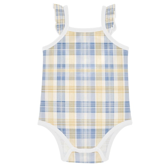 TTYFWHD Infant Toddler Baby Girl Romper Pale Blue-and-yellow Tartan Ruffle Sleeveless Cotton Summer One Piece Bodysuit 3-24M