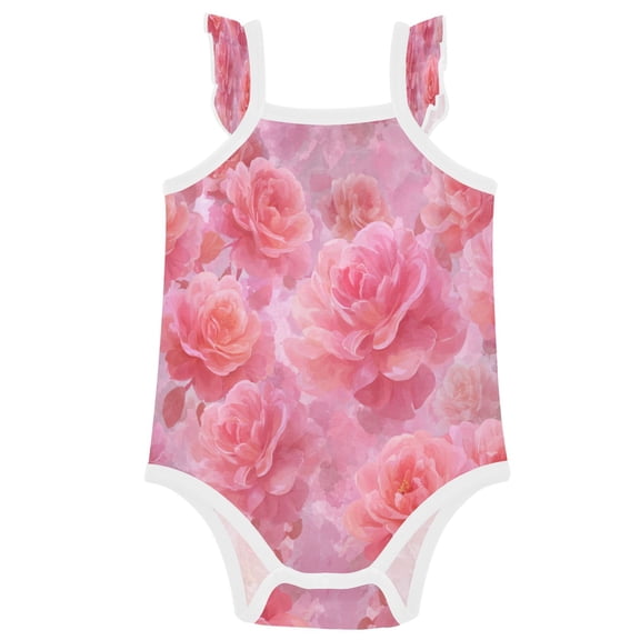 TTYFWHD Infant Toddler Baby Girl Romper Pale Pink Roses Pattern Ruffle Sleeveless Cotton Summer One Piece Bodysuit 3-24M