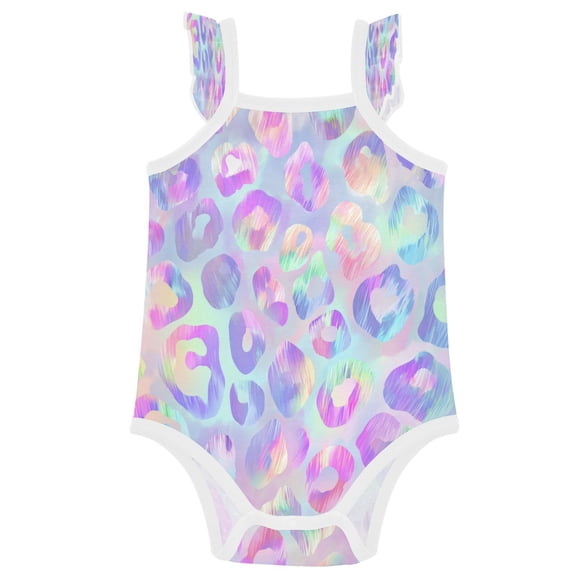 TTYFWHD Infant Toddler Baby Girl Romper Pastel Hologram Leopard Print Ruffle Sleeveless Cotton Summer One Piece Bodysuit 3-24M