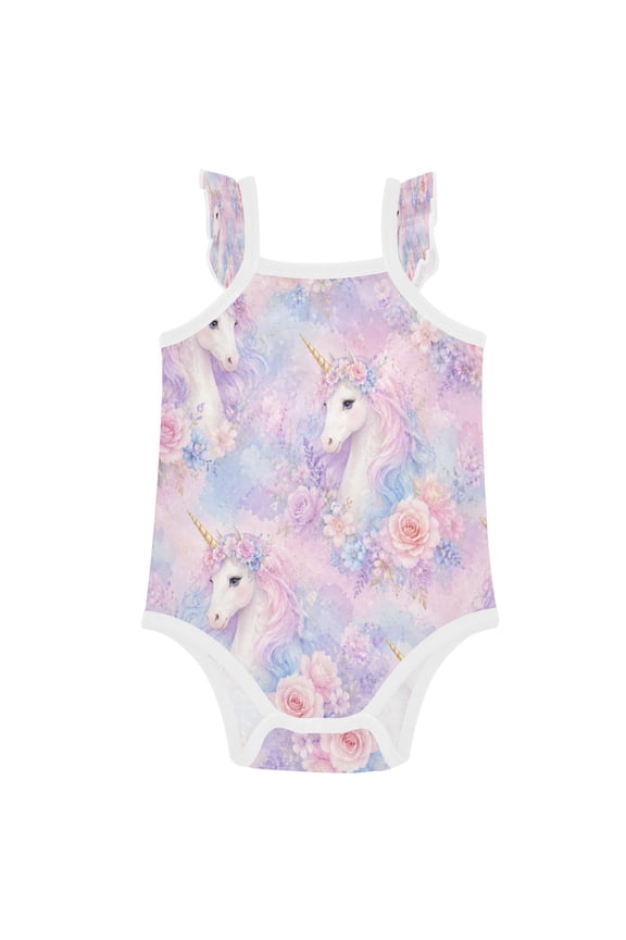 Infant Toddler Baby Girl Romper Pastel Unicorn Roses Design Ruffle Sleeveless Cotton Summer One Piece Bodysuit 3-24M