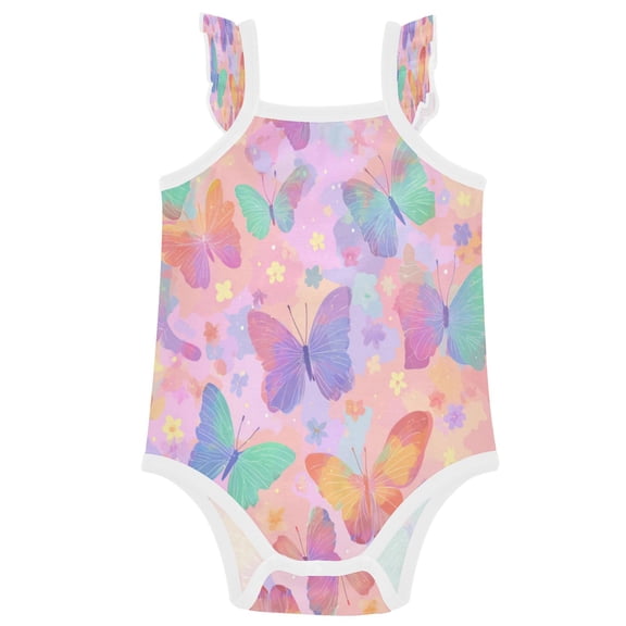 TTYFWHD Infant Toddler Baby Girl Romper Peach Pastel Butterfly Flutter Ruffle Sleeveless Cotton Summer One Piece Bodysuit 3-24M