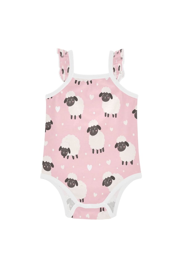 Infant Toddler Baby Girl Romper Pink Fluffy Sheep Pattern Ruffle Sleeveless Cotton Summer One Piece Bodysuit 3-24M