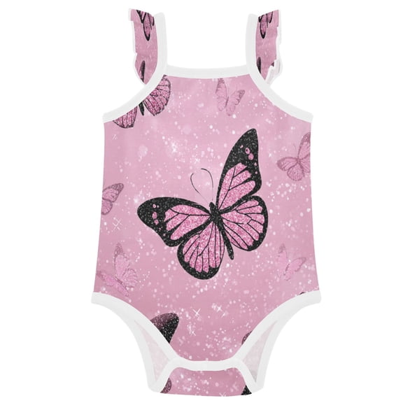TTYFWHD Infant Toddler Baby Girl Romper Pink Sequin Butterfly Ruffle Sleeveless Cotton Summer One Piece Bodysuit 3-24M