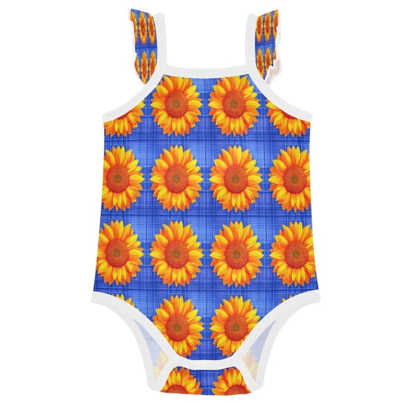 TTYFWHD Infant Toddler Baby Girl Romper Quilted Seamless Sunflowers Pattern Ruffle Sleeveless Cotton Summer One Piece Bodysuit 3-24M