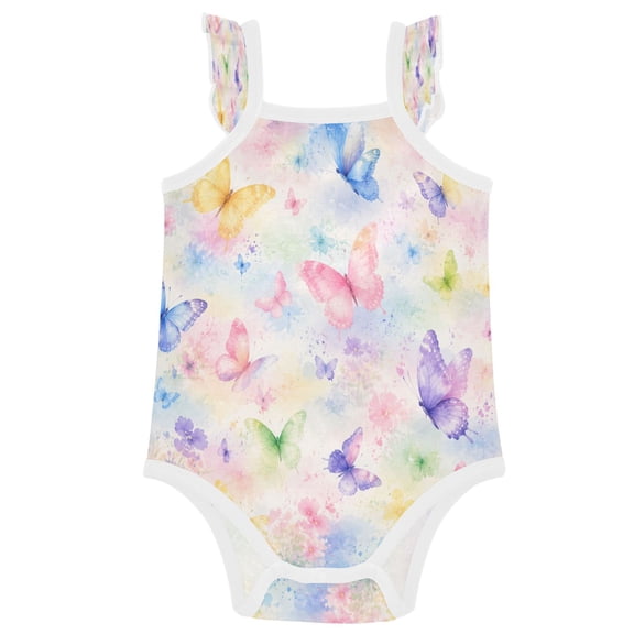 TTYFWHD Infant Toddler Baby Girl Romper Rainbow Butterfly Seamless Pattern Ruffle Sleeveless Cotton Summer One Piece Bodysuit 3-24M