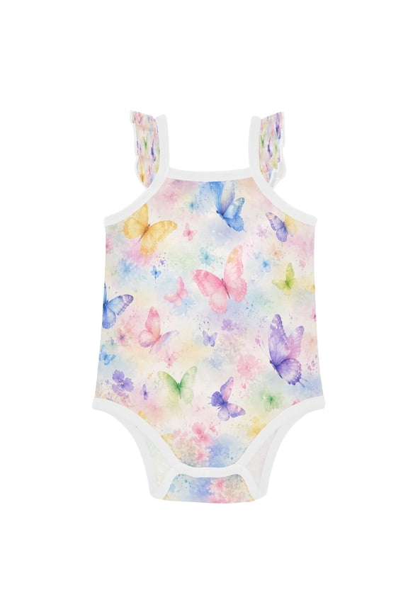 Infant Toddler Baby Girl Romper Rainbow Butterfly Seamless Pattern Ruffle Sleeveless Cotton Summer One Piece Bodysuit 3-24M