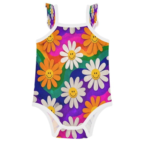 TTYFWHD Infant Toddler Baby Girl Romper Rainbow Daisy Flowers Ruffle Sleeveless Cotton Summer One Piece Bodysuit 3-24M
