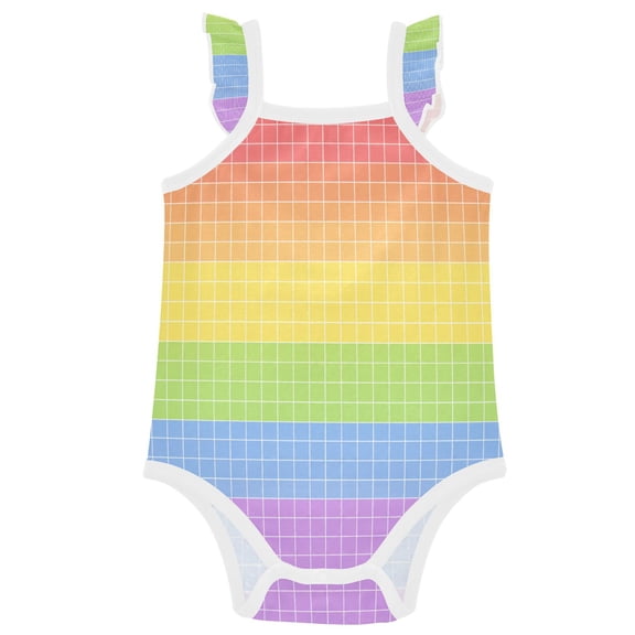 TTYFWHD Infant Toddler Baby Girl Romper Rainbow Grid Seamless Pattern Ruffle Sleeveless Cotton Summer One Piece Bodysuit 3-24M