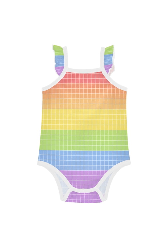 Infant Toddler Baby Girl Romper Rainbow Grid Seamless Pattern Ruffle Sleeveless Cotton Summer One Piece Bodysuit 3-24M