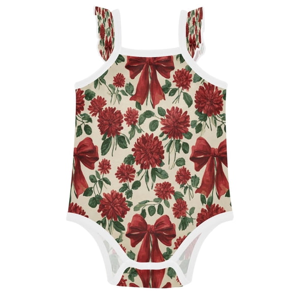 TTYFWHD Infant Toddler Baby Girl Romper Red Christmas Bows and Floral Ruffle Sleeveless Cotton Summer One Piece Bodysuit 3-24M