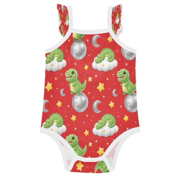 TTYFWHD Infant Toddler Baby Girl Romper Red Dino Moon Pattern Ruffle Sleeveless Cotton Summer One Piece Bodysuit 3-24M