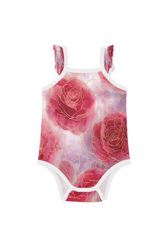 Infant Toddler Baby Girl Romper Red Gold Rose Petals Ruffle Sleeveless Cotton Summer One Piece Bodysuit 3-24M