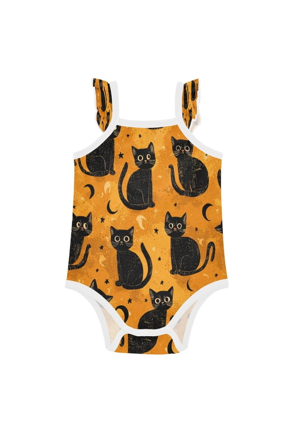 Infant Toddler Baby Girl Romper Repeating Mysterious Black Cat Pattern Ruffle Sleeveless Cotton Summer One Piece Bodysuit 3-24M