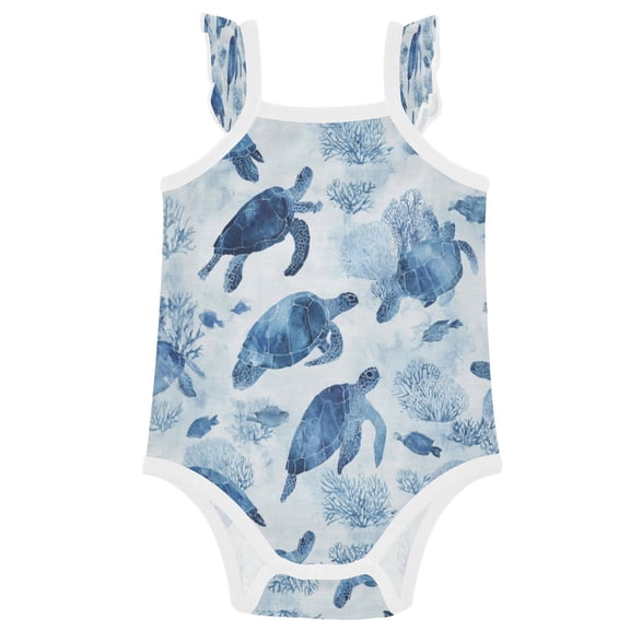 TTYFWHD Infant Toddler Baby Girl Romper Sea Turtles and Fish Swimming Ruffle Sleeveless Cotton Summer One Piece Bodysuit 3-24M