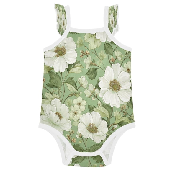 TTYFWHD Infant Toddler Baby Girl Romper Soft Green Floral Seamless Ruffle Sleeveless Cotton Summer One Piece Bodysuit 3-24M