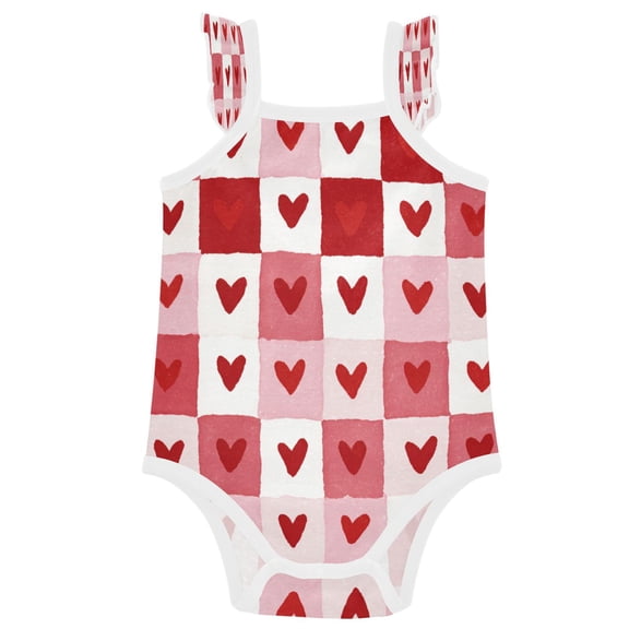 TTYFWHD Infant Toddler Baby Girl Romper Soft Heart Checkerboard Ruffle Sleeveless Cotton Summer One Piece Bodysuit 3-24M