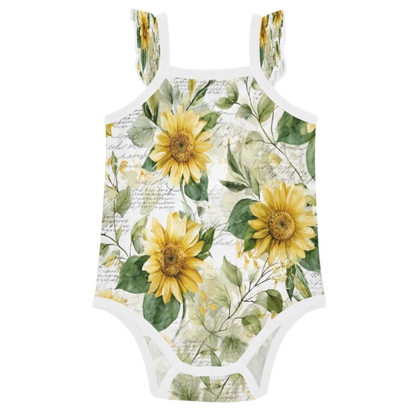 TTYFWHD Infant Toddler Baby Girl Romper Soft Sunflowers and Green Leaves Ruffle Sleeveless Cotton Summer One Piece Bodysuit 3-24M