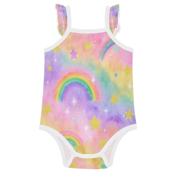 TTYFWHD Infant Toddler Baby Girl Romper Sparkle Rainbow Design Ruffle Sleeveless Cotton Summer One Piece Bodysuit 3-24M