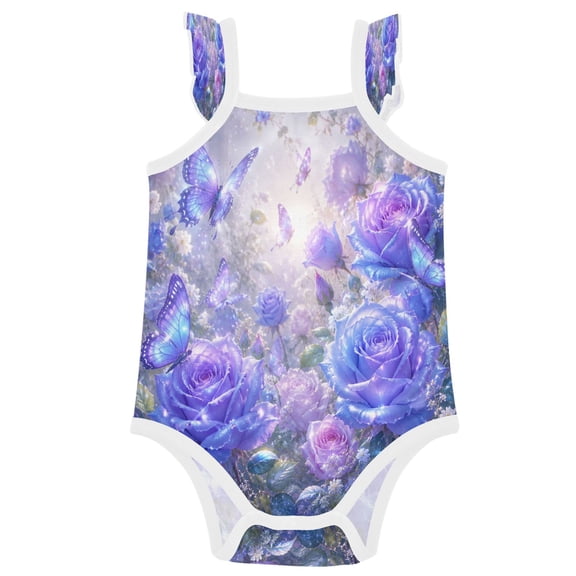TTYFWHD Infant Toddler Baby Girl Romper Sparkling Purple Butterfly Roses Ruffle Sleeveless Cotton Summer One Piece Bodysuit 3-24M