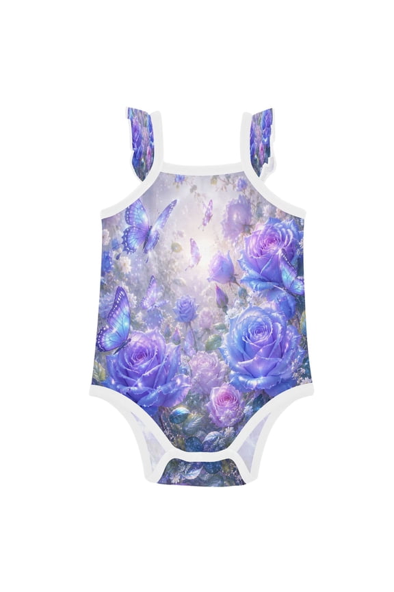 Infant Toddler Baby Girl Romper Sparkling Purple Butterfly Roses Ruffle Sleeveless Cotton Summer One Piece Bodysuit 3-24M