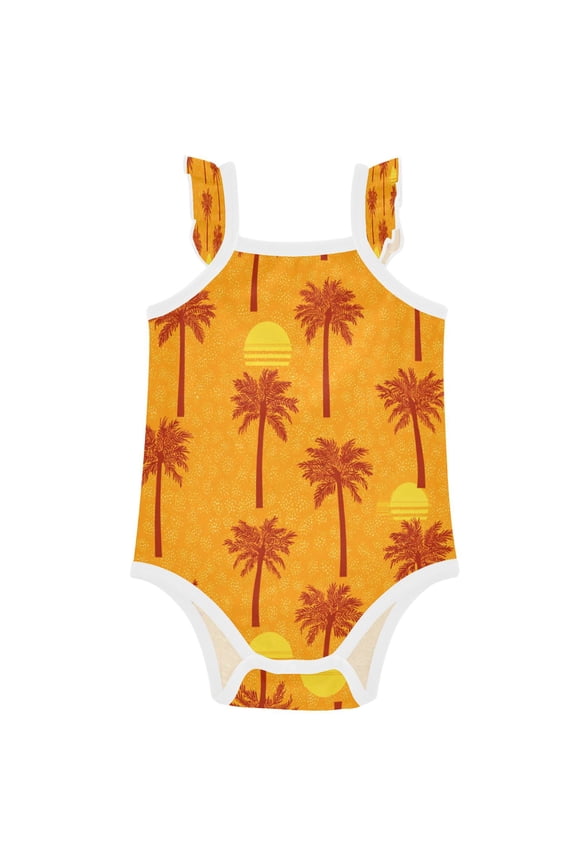 Infant Toddler Baby Girl Romper Stylized Palm Trees Ruffle Sleeveless Cotton Summer One Piece Bodysuit 3-24M