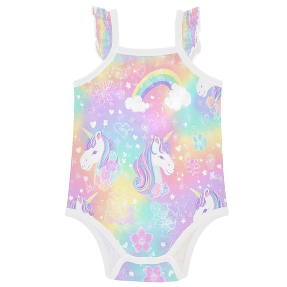 TTYFWHD Infant Toddler Baby Girl Romper Sweet Rainbow Unicorn Party Ruffle Sleeveless Cotton Summer One Piece Bodysuit 3-24M