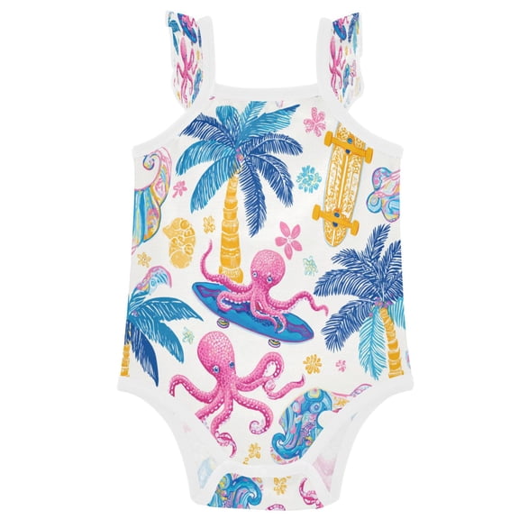 TTYFWHD Infant Toddler Baby Girl Romper Tropical Octopus Skate Pattern Ruffle Sleeveless Cotton Summer One Piece Bodysuit 3-24M