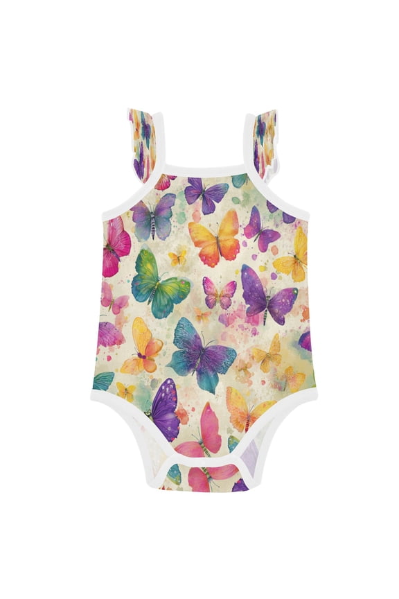 Infant Toddler Baby Girl Romper Vibrant Splash Butterfly Pattern Ruffle Sleeveless Cotton Summer One Piece Bodysuit 3-24M