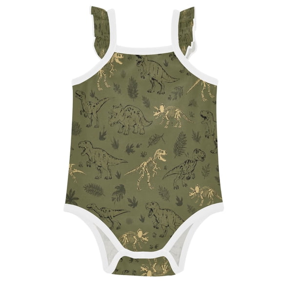 TTYFWHD Infant Toddler Baby Girl Romper Vintage Dinosaur Skeleton Pattern Ruffle Sleeveless Cotton Summer One Piece Bodysuit 3-24M
