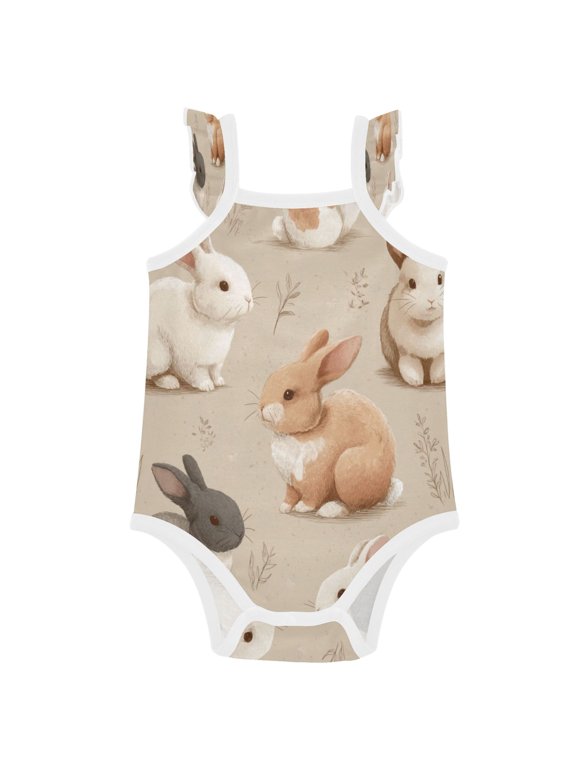 Infant Toddler Baby Girl Romper Vintage Hare Patch Ruffle Sleeveless Cotton Summer One Piece Bodysuit 3-24M