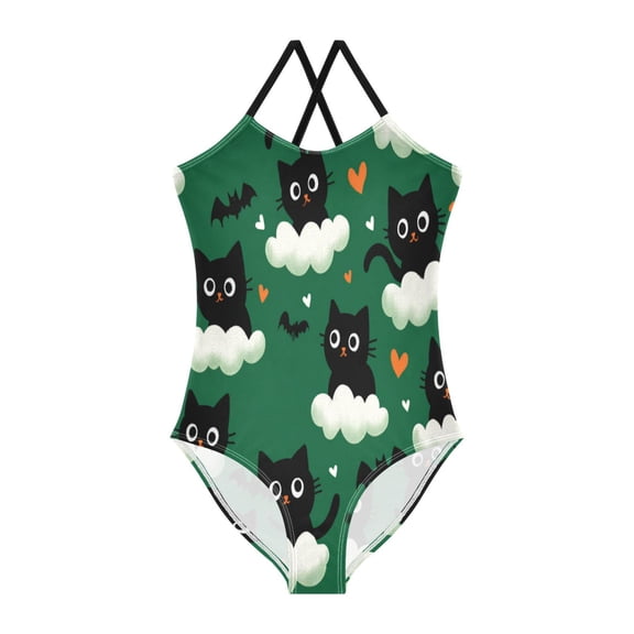 TTYFWHD Toddler Girls One Piece Swimsuit, Quick Dry Summer Beach Swimwear for Kids, 3T-10T Black Cats and Bats