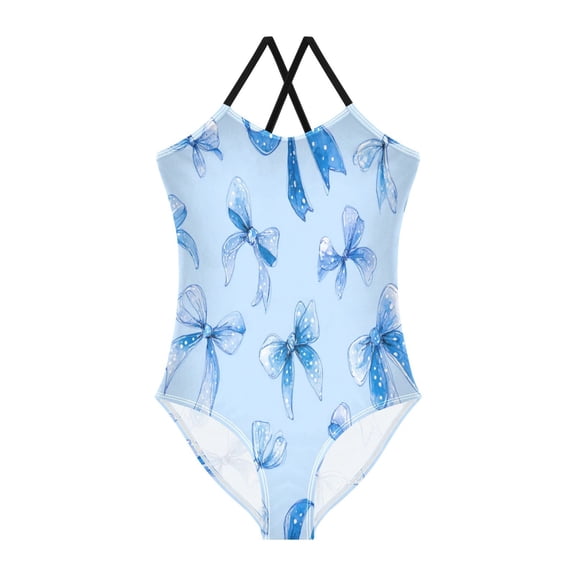 TTYFWHD Toddler Girls One Piece Swimsuit, Quick Dry Summer Beach Swimwear for Kids, 3T-10T Blue Bows and Ribbons