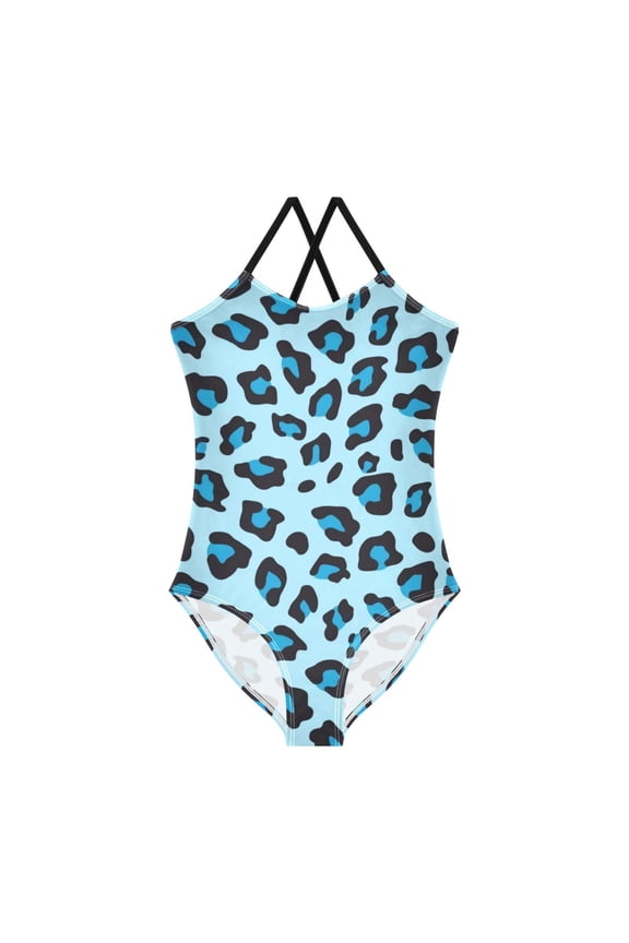 Toddler Girls One Piece Swimsuit, Quick Dry Summer Beach Swimwear for Kids, 3T-10T Blue Leopard Print