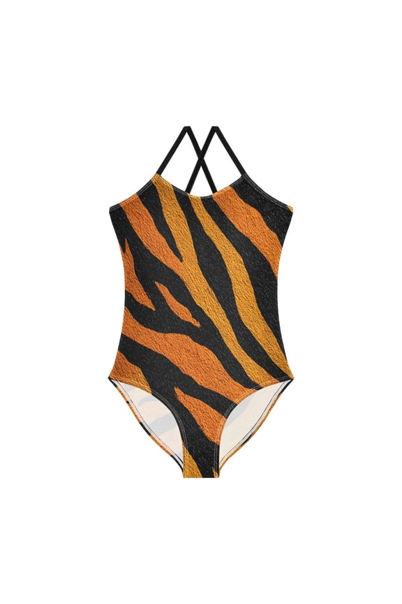 Toddler Girls One Piece Swimsuit, Quick Dry Summer Beach Swimwear for Kids, 3T-10T Bright Amber Tiger Stripes