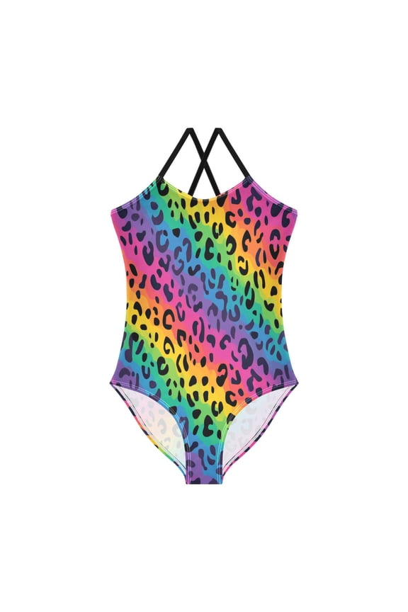 Toddler Girls One Piece Swimsuit, Quick Dry Summer Beach Swimwear for Kids, 3T-10T Bright Rainbow Stripe Cheetah Print