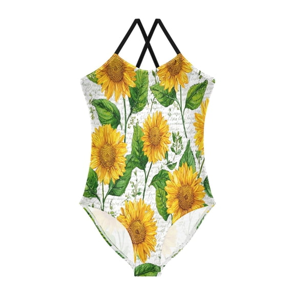 TTYFWHD Toddler Girls One Piece Swimsuit, Quick Dry Summer Beach Swimwear for Kids, 3T-10T Bright Yellow Sunflowers