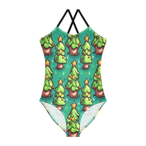 TTYFWHD Toddler Girls One Piece Swimsuit, Quick Dry Summer Beach Swimwear for Kids, 3T-10T Cartoon Trees Pattern